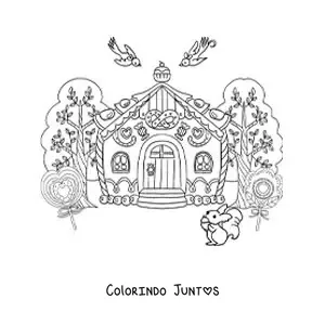 Desenho para colorir da casa da bruxa do conto de João e Maria