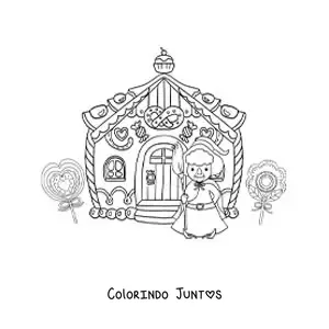 Desenho para colorir da bruxa de João e Maria com a sua casa de doces