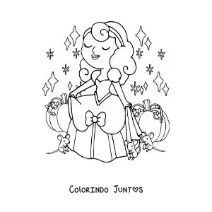Desenho para colorir de Cinderela com seu vestido ao lado da carruagem e dos ratinhos