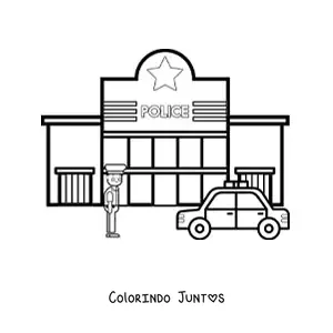 Desenho para colorir de um policial e uma viatura em frente à delegacia