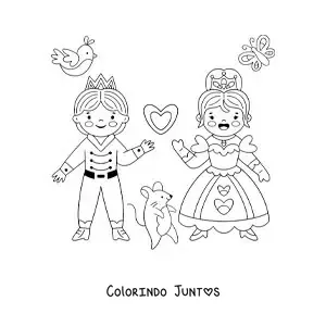 Desenho para colorir de Cinderela kawaii com o príncipe e um ratinho animado