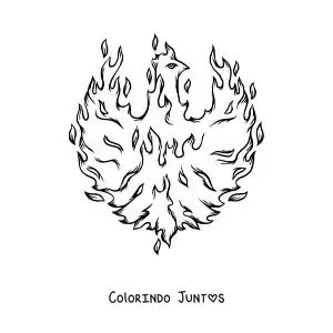 Desenho para colorir de uma ave fênix em chamas