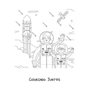Desenho para colorir de uma menina astronauta acenando ao lado de um astronauta e um foguete decolando