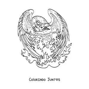 Desenho para colorir de fênix em chamas renascendo