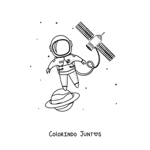 Desenho para colorir de um astronauta no espaço ao lado de um satélite