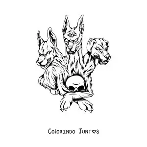 Desenho para colorir de Cérbero o guardião do submundo com uma caveira