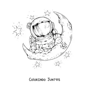 Desenho para colorir de um astronauta surgindo sobre meia Lua