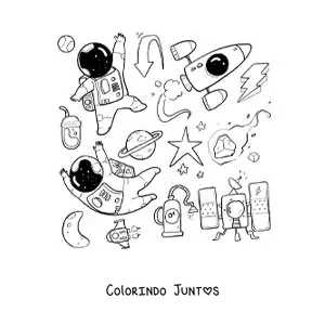 Desenho para colorir de dois astronautas animados rodeados de foguetes e estrelas