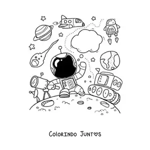 Desenho para colorir de um astronauta animado rodeado de planetas