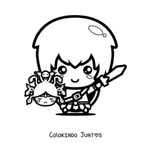 Desenho para colorir de Perseu kawaii com a cabeça de Medusa