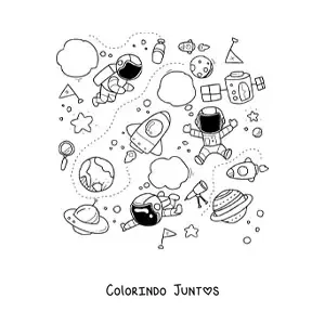 Desenho para colorir de três astronautas animados e naves espaciais