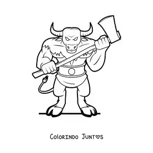 Desenho para colorir do Minotauro do labirinto com uma arma