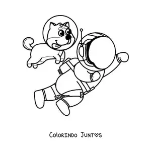 Desenho para colorir de um cachorro com capacete espacial ao lado de um astronauta animado