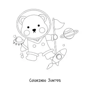 Desenho para colorir de um urso astronauta animado no espaço