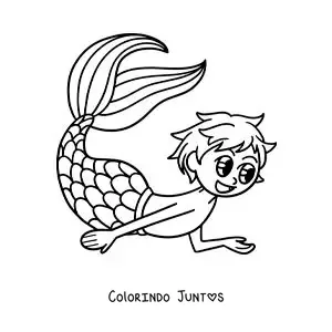 Desenho para colorir de um tritão kawaii nadando