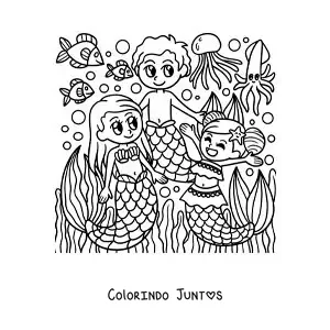 Desenho para colorir de duas sereias e um tritão no mar