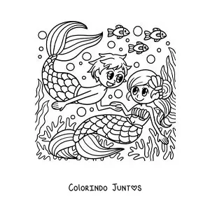 Desenho para colorir de casal de um tritão e uma sereia