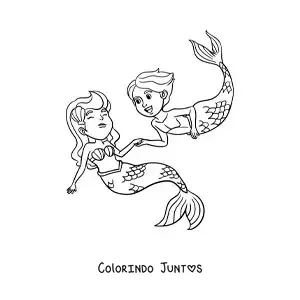 Desenho para colorir de uma sereia e um tritão