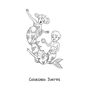 Desenho para colorir de duas sereias e um tritão brincando