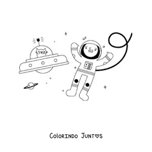 Desenho para colorir de um astronauta e um gato espacial animados no espaço