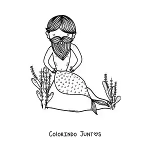 Desenho para colorir de um tritão com barba no mar