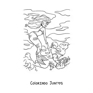 Desenho para colorir de casal de um tritão e uma sereia nadando no mar