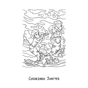 Desenho para colorir de um tritão e uma sereia tocando música no mar