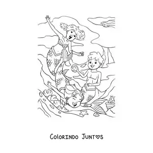Desenho para colorir de duas sereias e um tritão brincando no mar
