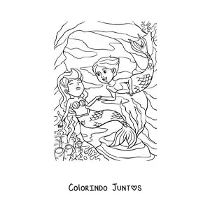 Desenho para colorir de uma sereia e um tritão no mar