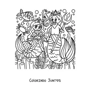 Desenho para colorir do deus Tritão e uma sereia animados