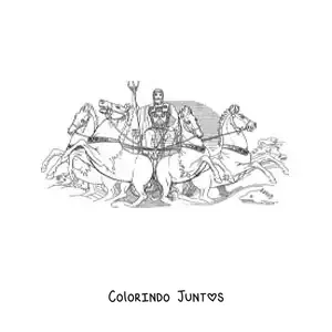 Desenho para colorir do deus Poseidon com seu tridente e seus cavalos