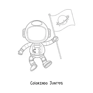 Desenho para colorir de um astronauta animado segurando uma bandeira
