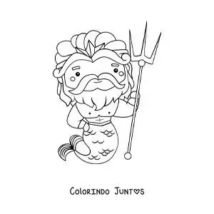 Desenho para colorir de Poseidon animado kawaii com um tridente