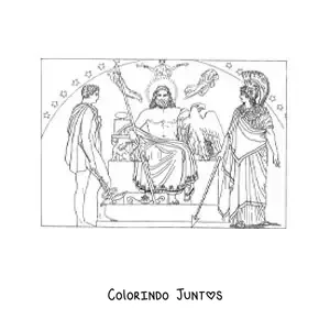 Desenho para colorir de Zeus com Atena e Hermes em seu trono no Olimpo