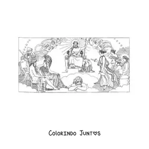 Desenho para colorir de Zeus e os deuses gregos no Olimpo