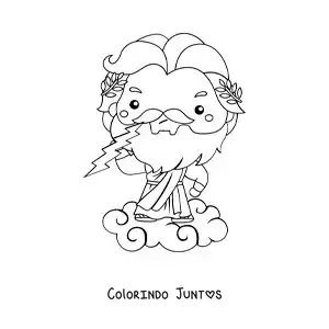 Desenho para colorir de Zeus animado kawaii lançando um raio de uma nuvem