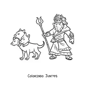 Desenho para colorir do deus Hades animado com seu cão Cérbero