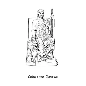 Desenho para colorir do deus Hades realista em seu trono com Cérbero