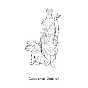 Desenho para colorir de Hades realista com seu cão de três cabeças Cérbero