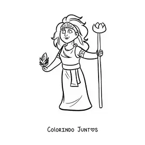 Desenho para colorir da deusa Hera animada com uma pena de pavão