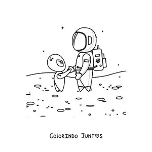 Desenho para colorir de um astronauta e um marciano na superfície de Marte