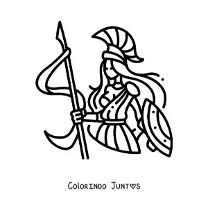 Desenho para colorir da deusa Atena animada com seu capacete e escudo