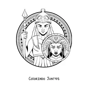 Desenho para colorir de Atena e seu capacete de guerreira com uma lança e seu escudo