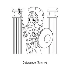 Desenho para colorir da deusa Atena animada com sua lança e armadura