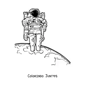 Desenho para colorir de um astronauta com roupa espacial realista flutuando sobre a Terra