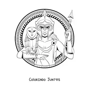 Desenho para colorir da deusa Atena animada com sua coruja e seu capacete