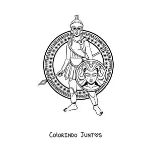 Desenho para colorir da deusa grega Atena animada com seu escudo e seu capacete