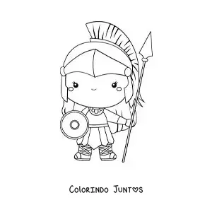 Desenho para colorir de Atena kawaii animada com seu escudo e seu capacete