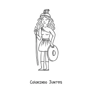 Desenho para colorir de Atena a deusa grega animada com sua lança e escudo de guerreira