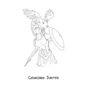 Desenho para colorir da deusa Atena com sua coruja e escudo em um estilo realista